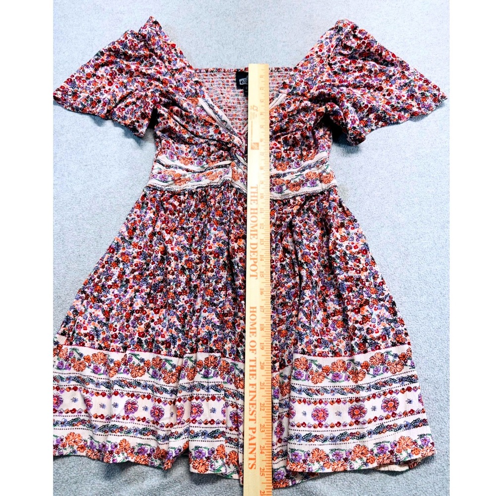 Angie Floral Mini Dress Womens M Multicolor Boho Flutter Sleeve V-Neck Smocked - Picture 8 of 9